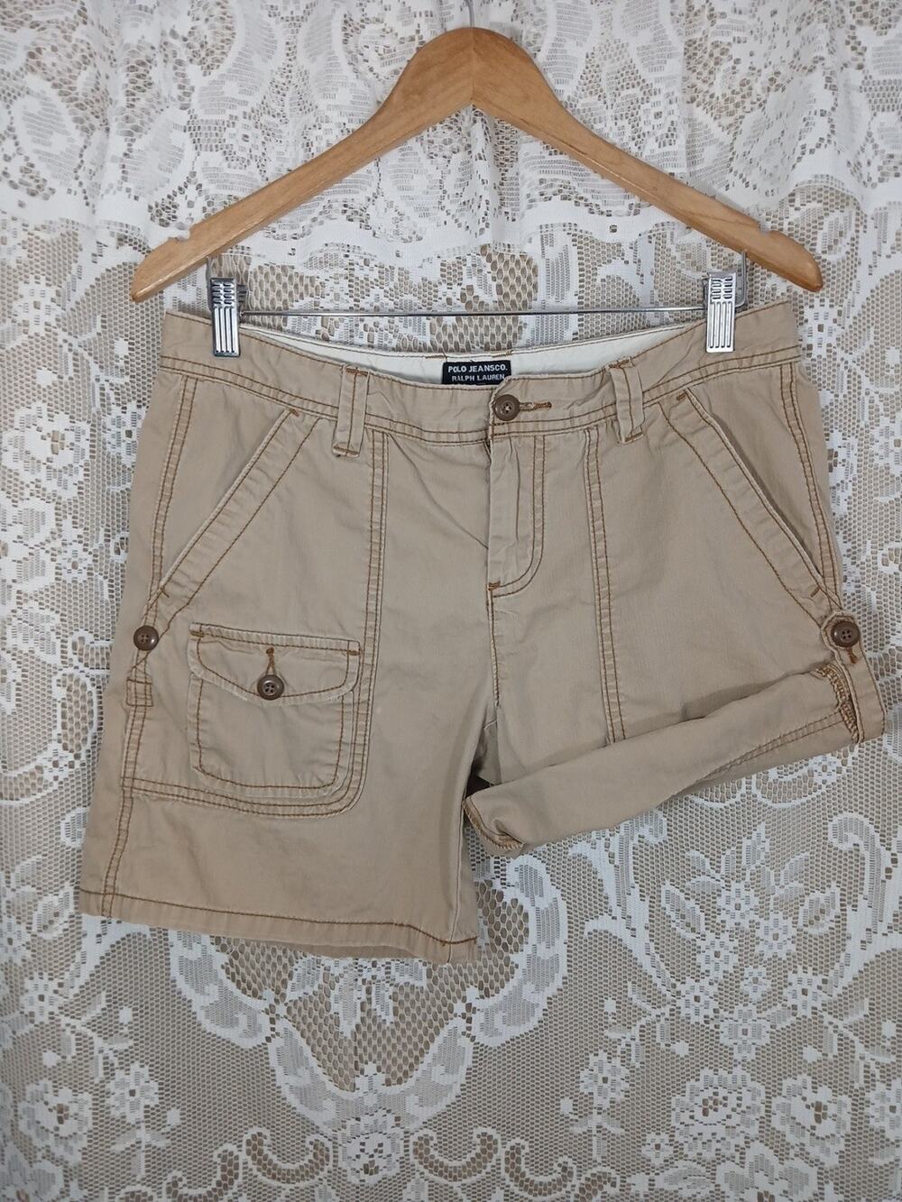 Polo Ralph Lauren Shorts Khaki Cargo Long or Roll Vintage Y2k 100% Cotton Size 8